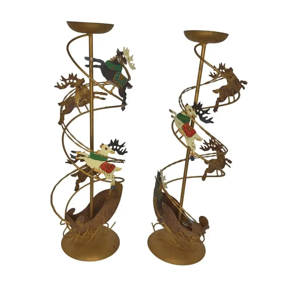Vintage Christmas Brass Spiral Reindeer Sleigh Candle Holders Decor Set of 2